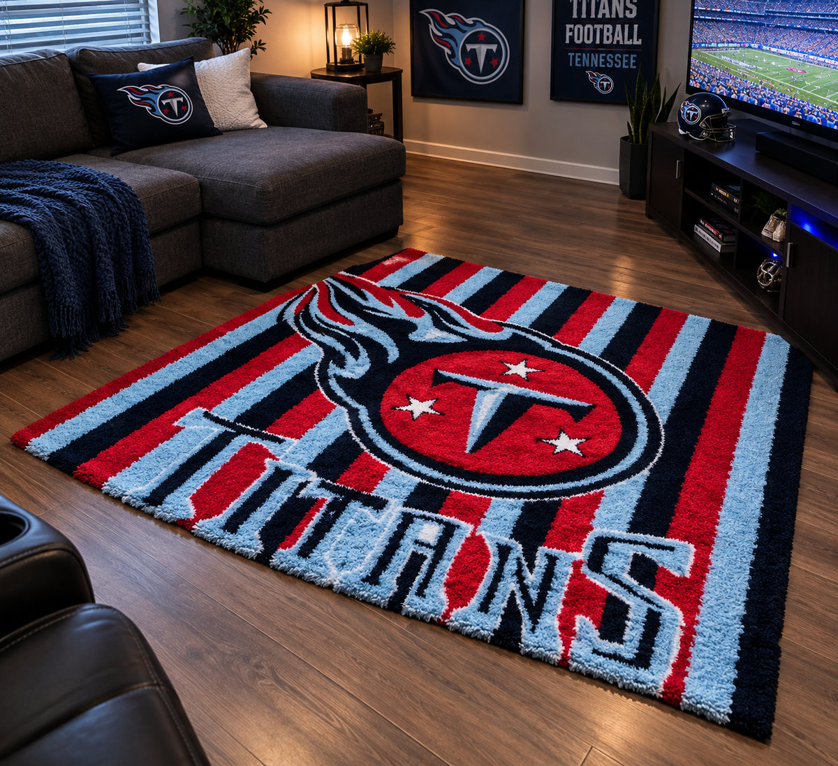 Hand-tufted team rug in navy, red and light blue with bold vertical stripes and a central team emblem.