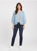 Sky blue open-front crochet cardigan with white granny-stripe trim and three-quarter balloon sleeves, worn over a grey tee.