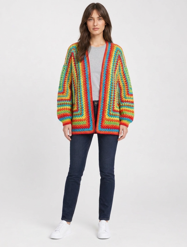 Open-front crochet cardigan in mitred rainbow stripes with red trim and balloon sleeves, worn over a grey tee.
