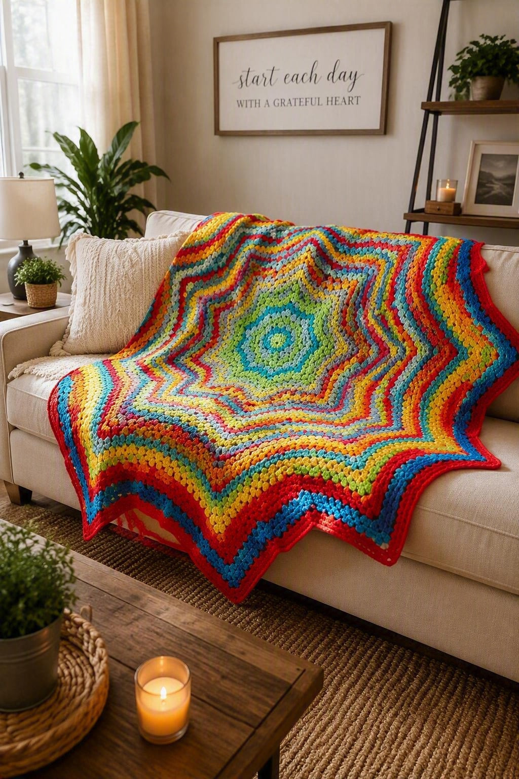 Rainbow Star Crochet Blanket – on sofa