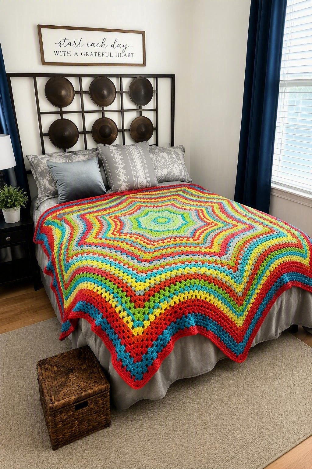 Rainbow Star Crochet Blanket – on bed