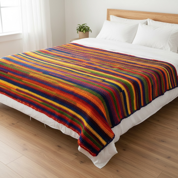 Rainbow stripe knit blanket in dense horizontal bands of red, orange, yellow, green, blue and purple, spread across a bed.