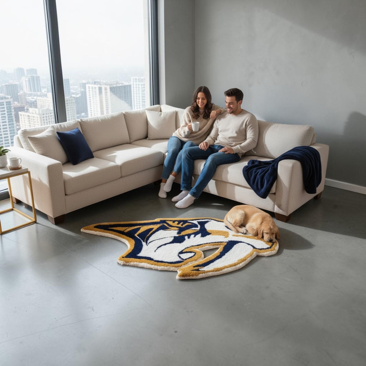 Hand-tufted Nashville Predators rug cut to the saber-tooth mascot shape in navy, gold and white.
