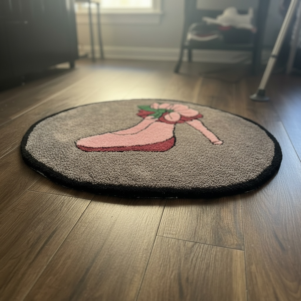 Oval hand-tufted rug with a retro pin-up illustration in pink, red and green on a grey background.