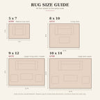 Rug size guide: 5x7, 8x10, 9x12 and 10x14 shown to the same scale with furniture for reference