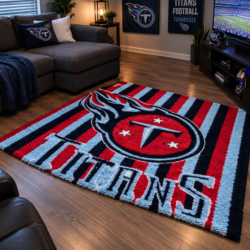 Hand-tufted Tennessee Titans rug in navy, red and light blue with bold vertical stripes and the Titans emblem.