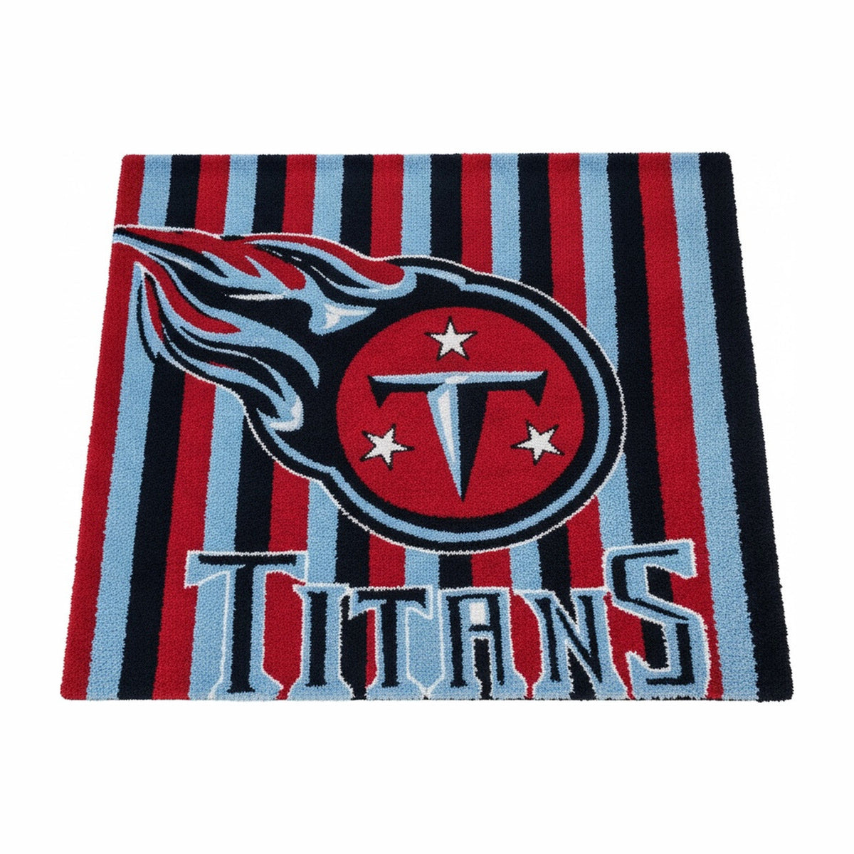 Tennessee Titans tufted rug on a white background: navy and light blue stripes with the flaming T crest and TITANS lettering.