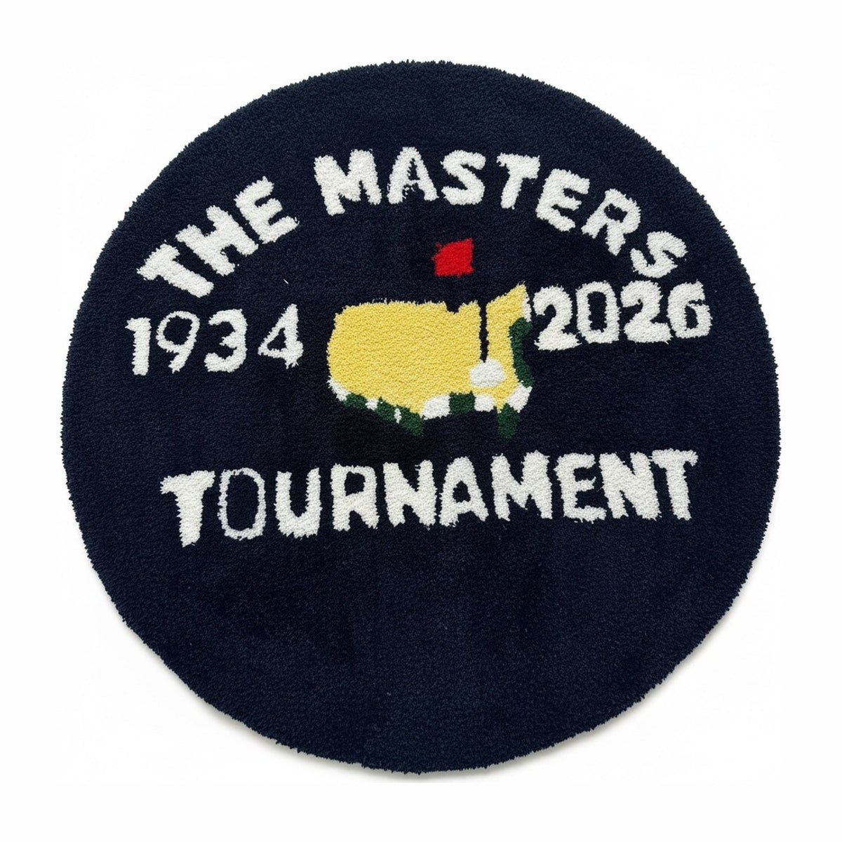 The Masters tufted rug on a white background: round navy rug with the yellow Augusta emblem, THE MASTERS and TOURNAMENT lettering, and 1934 and 2026 either side.